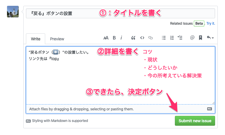 GitHubのissue詳細入力画面